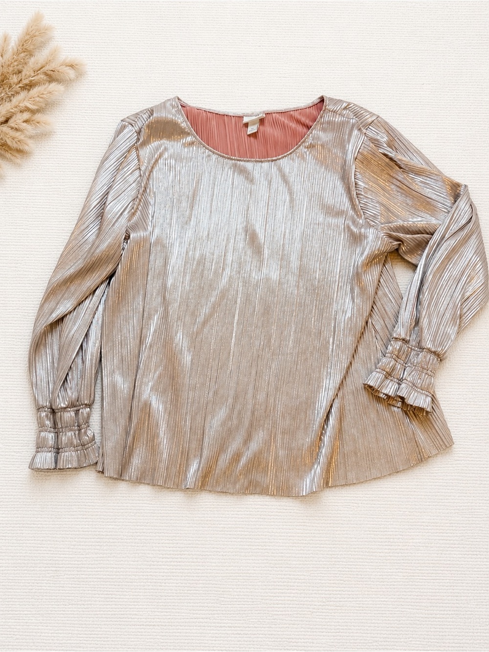 Ava & Viv Rose Gold Metallic Pleated Blouse 2X Shimmer Puff Sleeve Top